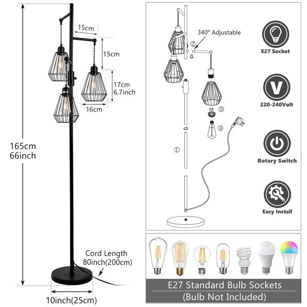 Draper Industrial Floor Lamp, 3Lights Cage Standing Lamp With Diamond